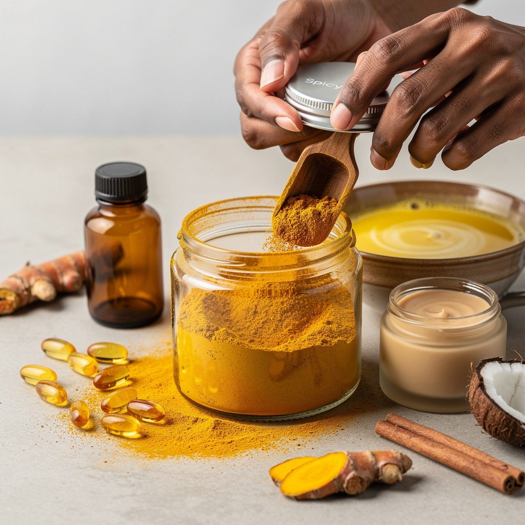 Spicylife turmeric product range including powder, capsules, golden milk blends and skincare